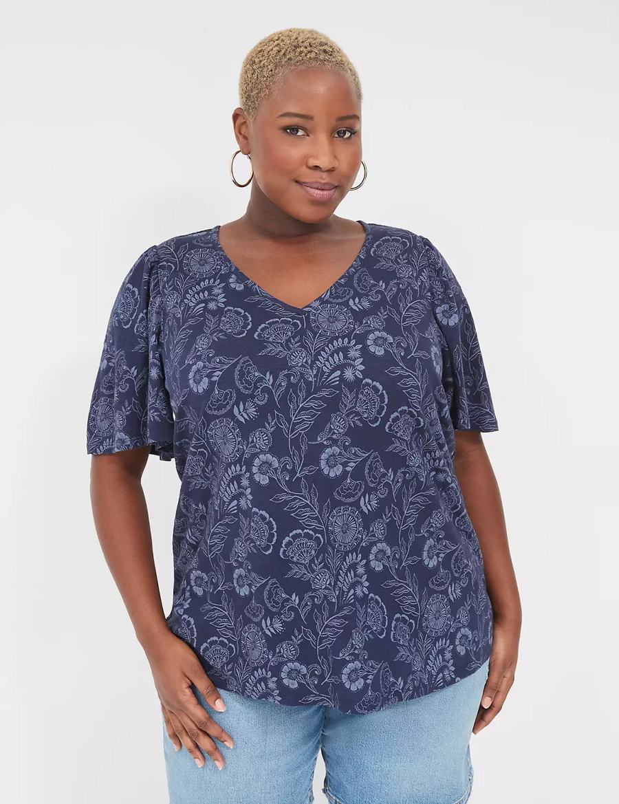 μπλουζακια γυναικεια Lane Bryant Flutter-Sleeve V-Neck Top σκουρο μπλε | HQH5929EA