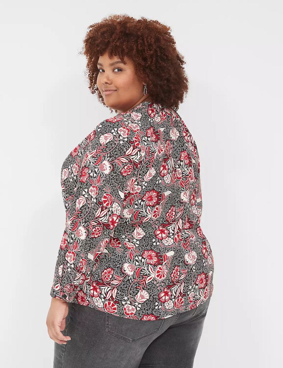 πουκαμισα γυναικεια Lane Bryant Gathered Ruffle V-Neck Popover κοκκινα μαυρα | WOU6471VI