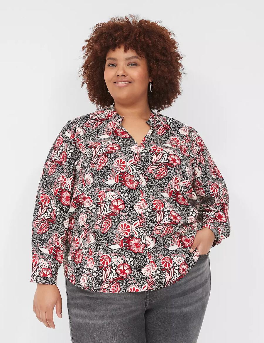 πουκαμισα γυναικεια Lane Bryant Gathered Ruffle V-Neck Popover κοκκινα μαυρα | WOU6471VI