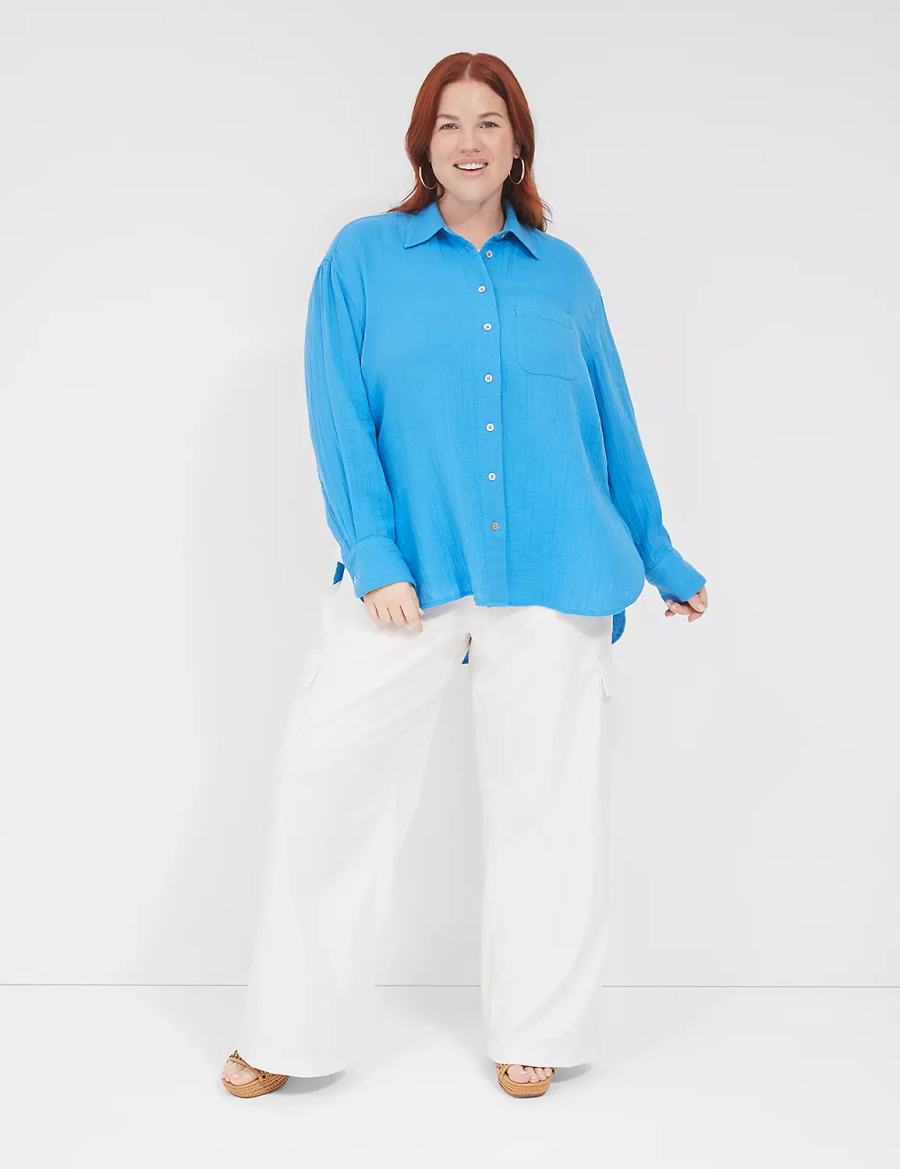 πουκαμισα γυναικεια Lane Bryant Gauze Button-Down Beach Top μπλε | GRE136FD