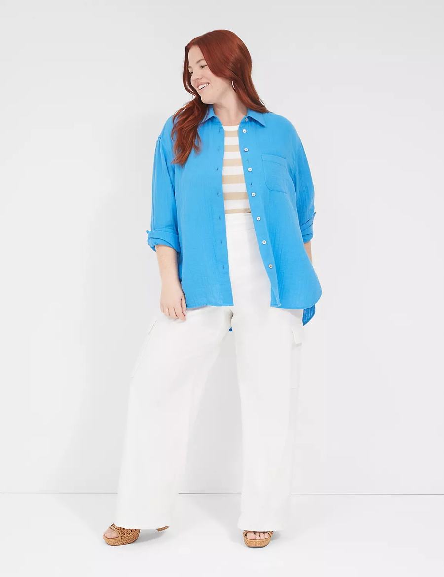 πουκαμισα γυναικεια Lane Bryant Gauze Button-Down Beach Top μπλε | FZT3275OA