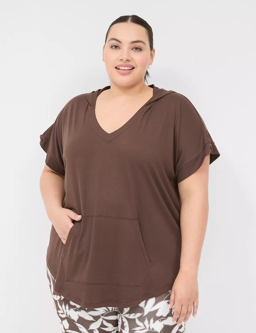 μπλουζακια γυναικεια Lane Bryant LIVI Knot-Sleeve Recycled LIVI Soft Hooded Tunic σκούρο καφε | COE4987OJ