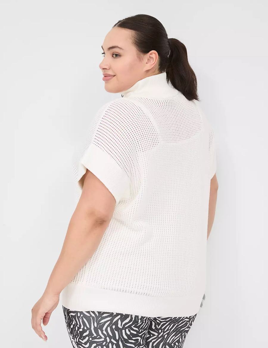 Πουλόβερ γυναικεια Lane Bryant LIVI Short-Sleeve Half-Zip Mesh ασπρα | MAH4338WN