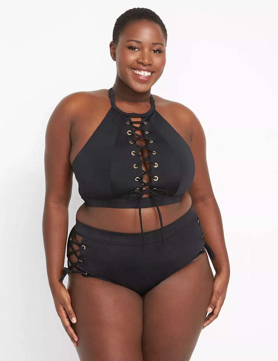 Κιλότα γυναικεια Lane Bryant Lace-Up High-Waist Swim μαυρα | RCS4425DO