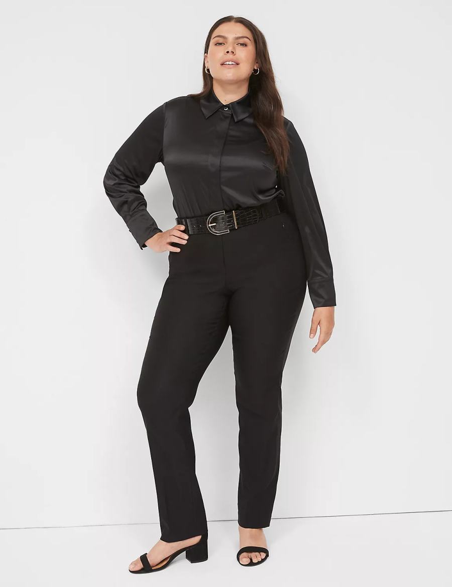 πουκαμισα γυναικεια Lane Bryant Long-Sleeve Button-Down Satin μαυρα | JYM2591NV