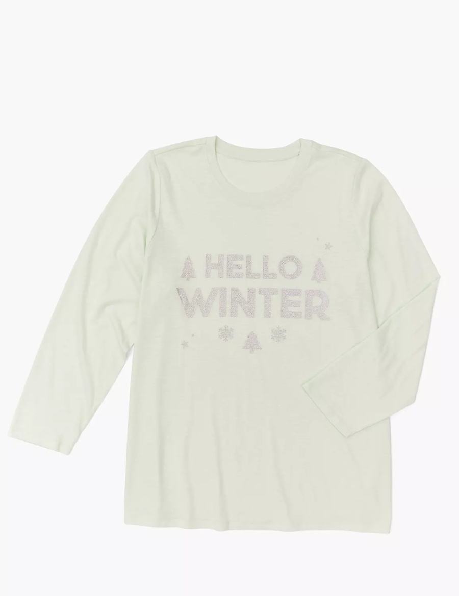 μπλουζακια γυναικεια Lane Bryant Long-Sleeve Hello Winter Graphic Tee ανοιχτο πρασινο | QAA3591CX