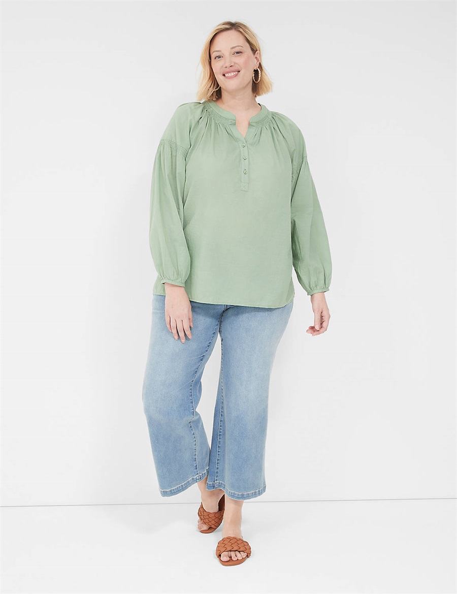 πουκαμισα γυναικεια Lane Bryant Long-Sleeve Split-Neck Popover ανοιχτο πρασινο | ITT6739RY