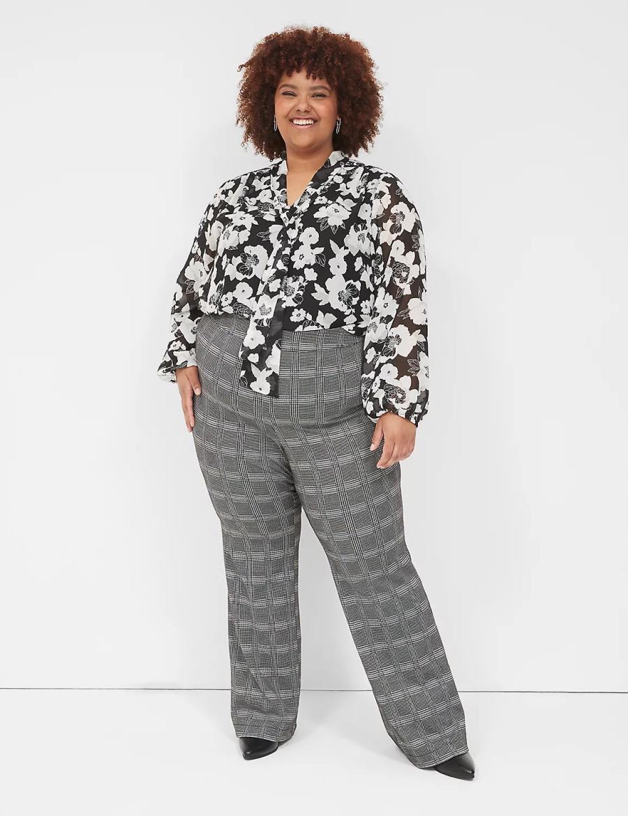 Μπλουζα γυναικεια Lane Bryant Long-Sleeve Tie-Neck Popover μαυρα ασπρα | WRT2715VE