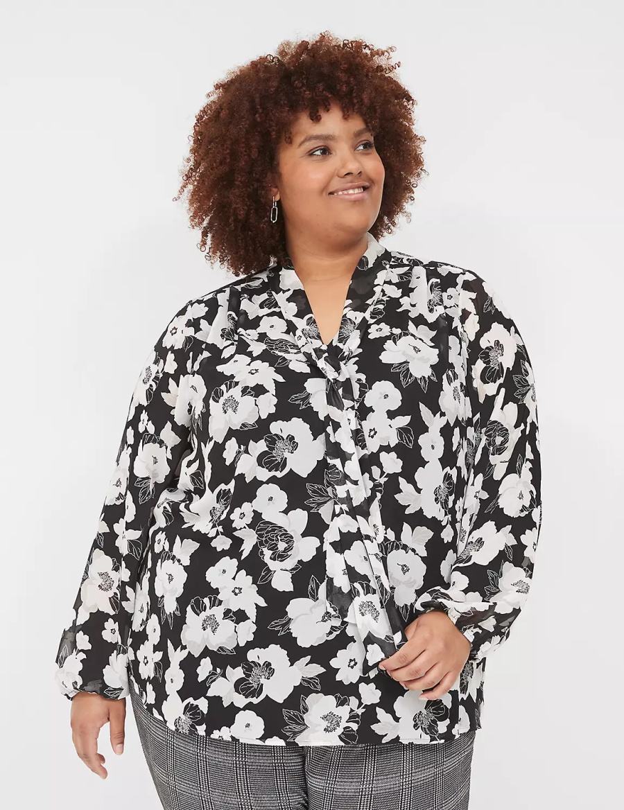 Μπλουζα γυναικεια Lane Bryant Long-Sleeve Tie-Neck Popover μαυρα ασπρα | WRT2715VE