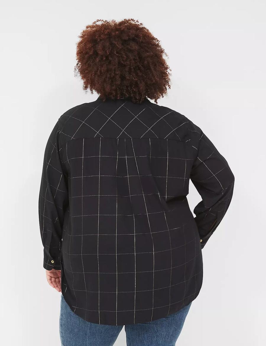 πουκαμισα γυναικεια Lane Bryant Lurex Button-Down Plaid Flannel μαυρα | UDG5313NO