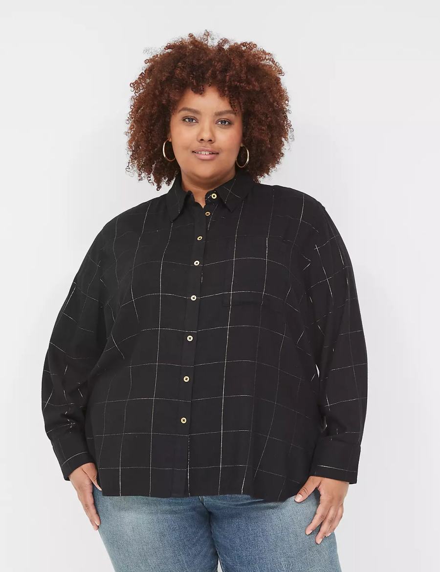 πουκαμισα γυναικεια Lane Bryant Lurex Button-Down Plaid Flannel μαυρα | UDG5313NO