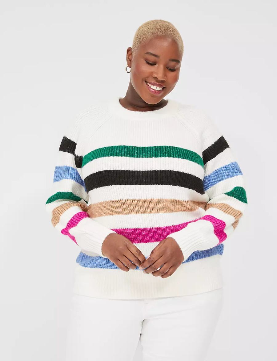 Πουλόβερ γυναικεια Lane Bryant Lurex Stripe Crew-Neck ασπρα | MCO5960WZ