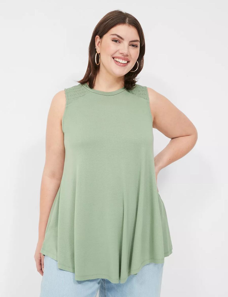 μπλουζακια γυναικεια Lane Bryant Max Swing High-Neck Smocked-Shoulder Tunic ανοιχτο πρασινο | LRF5123PR