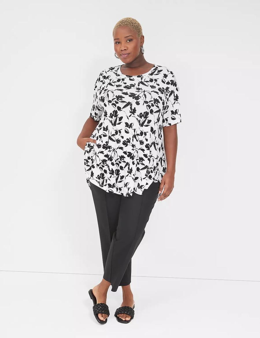 μπλουζακια γυναικεια Lane Bryant Max Swing Perfect Sleeve Crew-Neck Tee μαυρα ασπρα | WBK4099CT