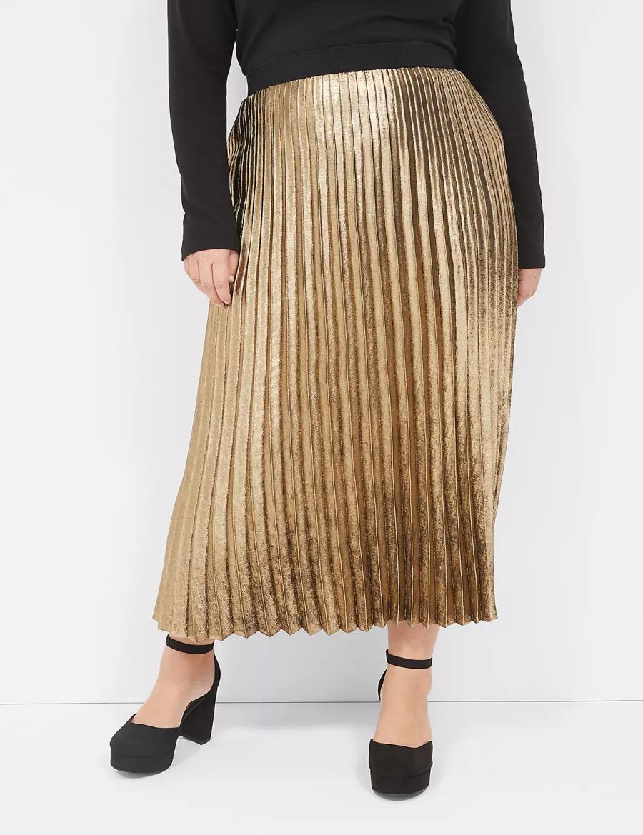 φουστεσ γυναικεια Lane Bryant Metallic Pleated Midi χρυσο χρωμα | OCG4337DZ