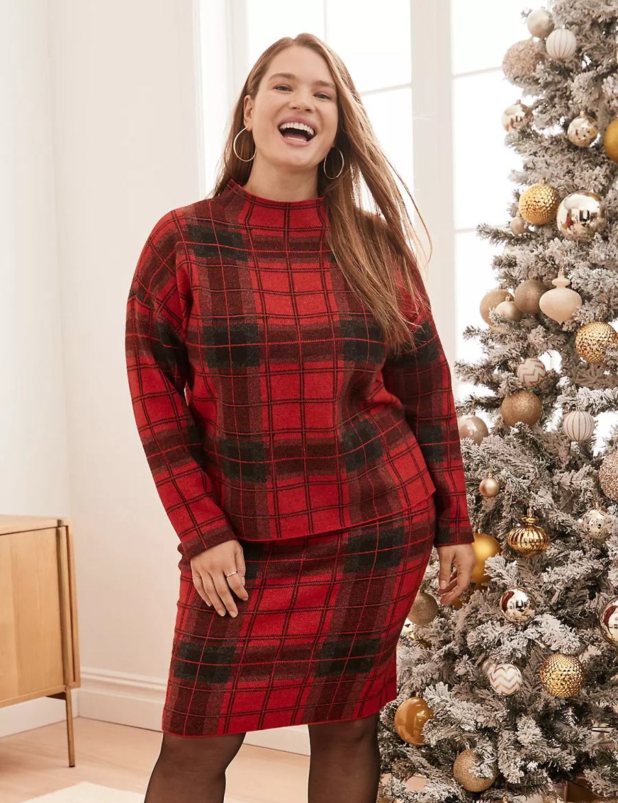 Πουλόβερ γυναικεια Lane Bryant Mock-Neck Plaid κοκκινα | OMM5785WD