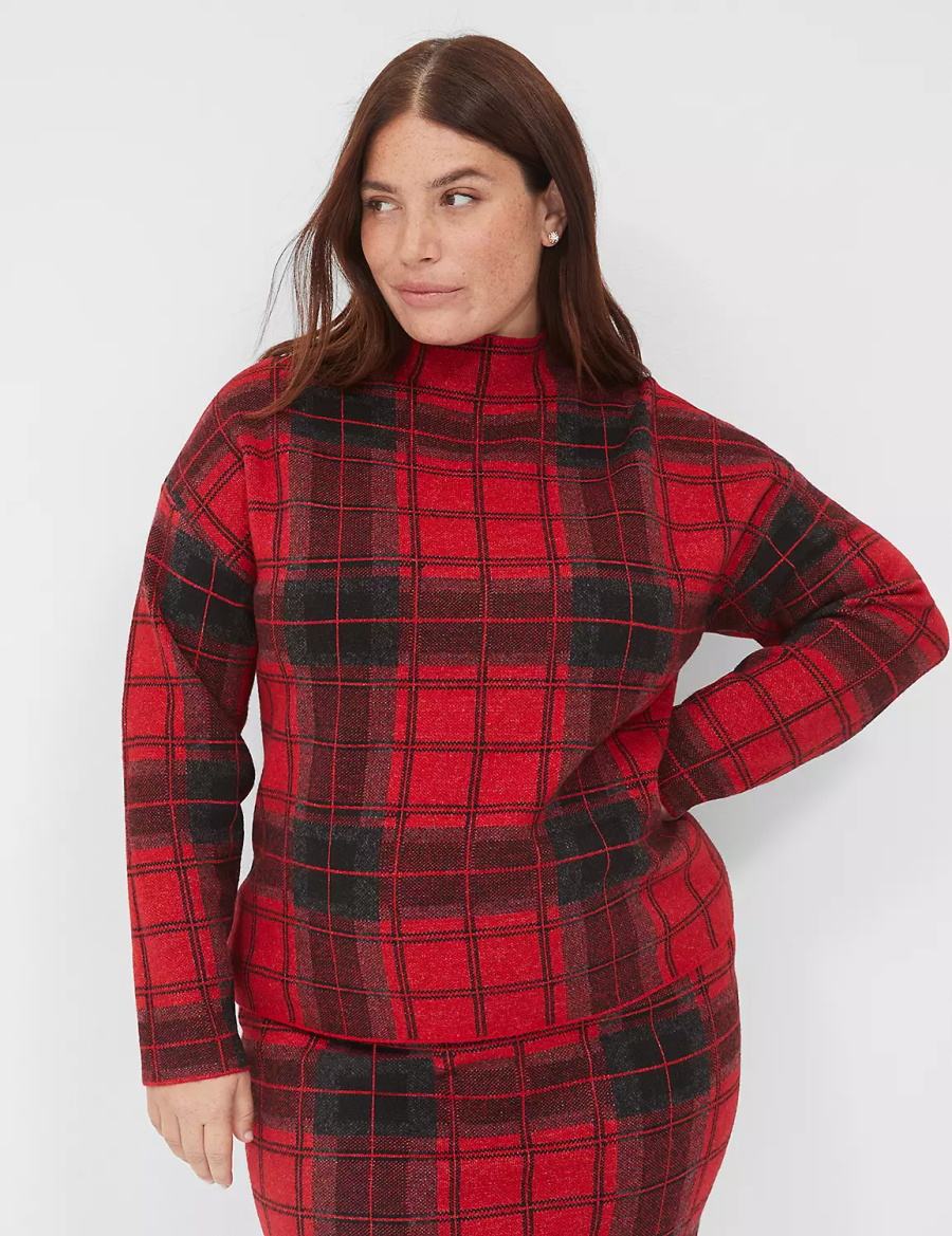 Πουλόβερ γυναικεια Lane Bryant Mock-Neck Plaid κοκκινα | OMM5785WD