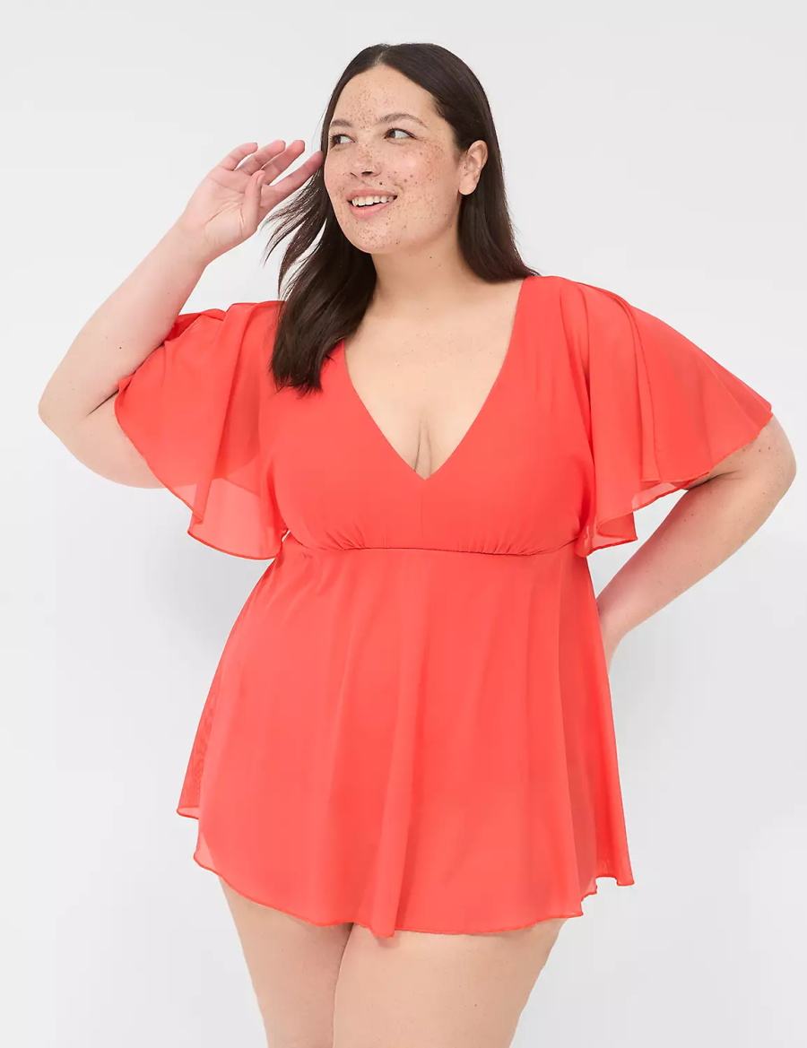 Φορεμα γυναικεια Lane Bryant No-Wire Flutter-Sleeve Swim κοραλι | GOM9479QS