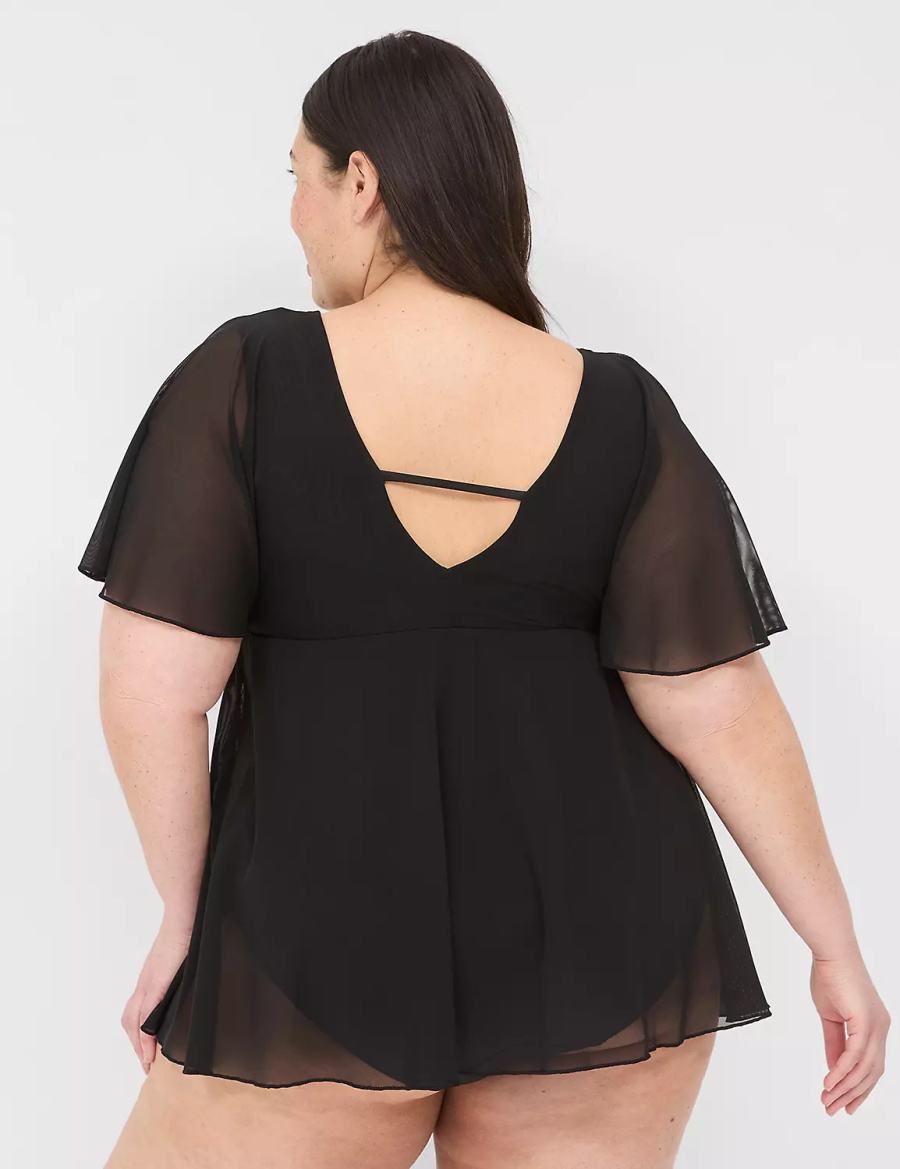 Φορεμα γυναικεια Lane Bryant No-Wire Flutter-Sleeve Swim μαυρα | VFY513VC