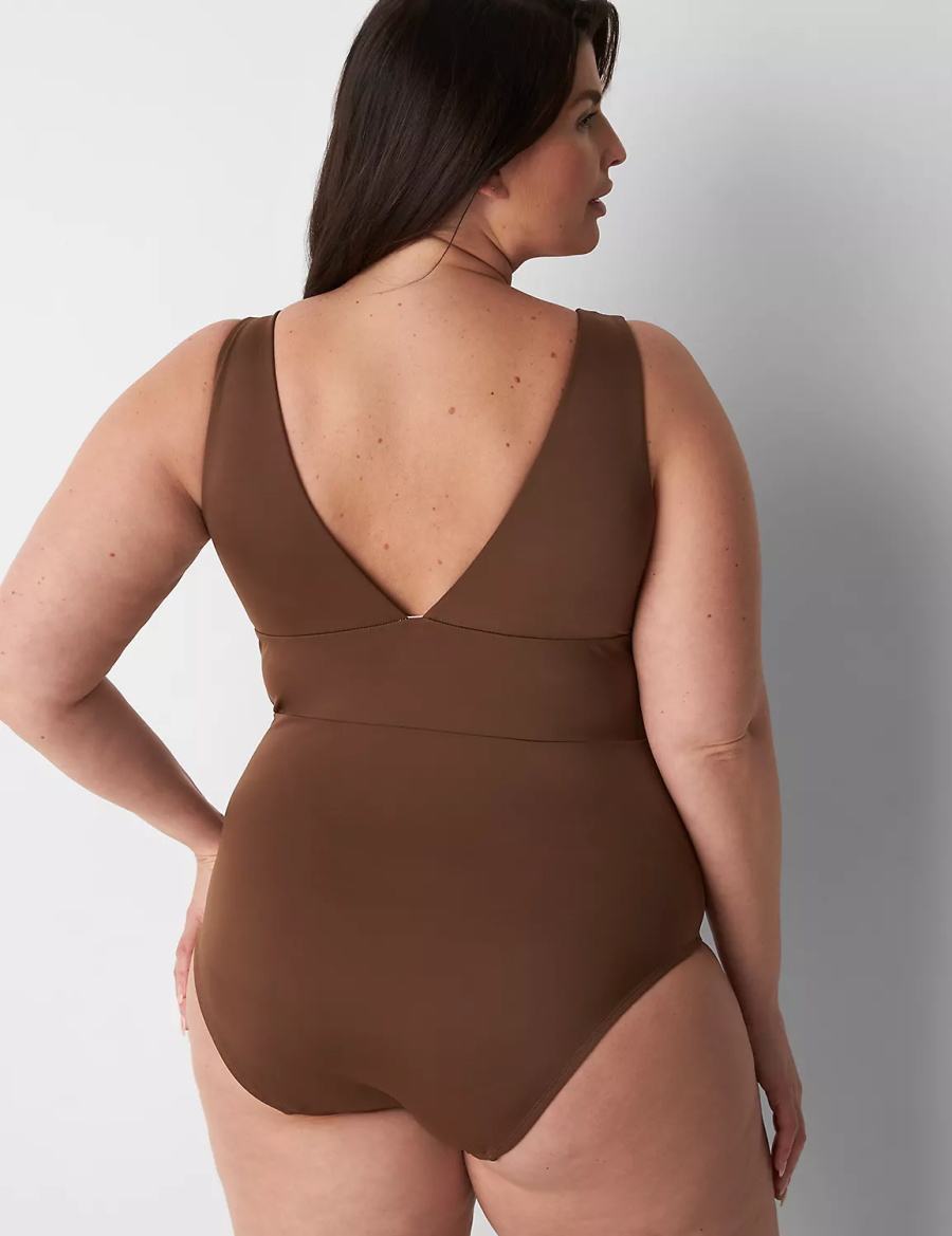 Μαγιό γυναικεια Lane Bryant No-Wire Plunge One-Piece σκούρο καφε | QTP796VB