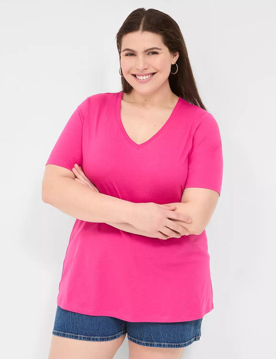 μπλουζακια γυναικεια Lane Bryant Perfect Sleeve V-Neck Tee ροζ | LSN6127SQ