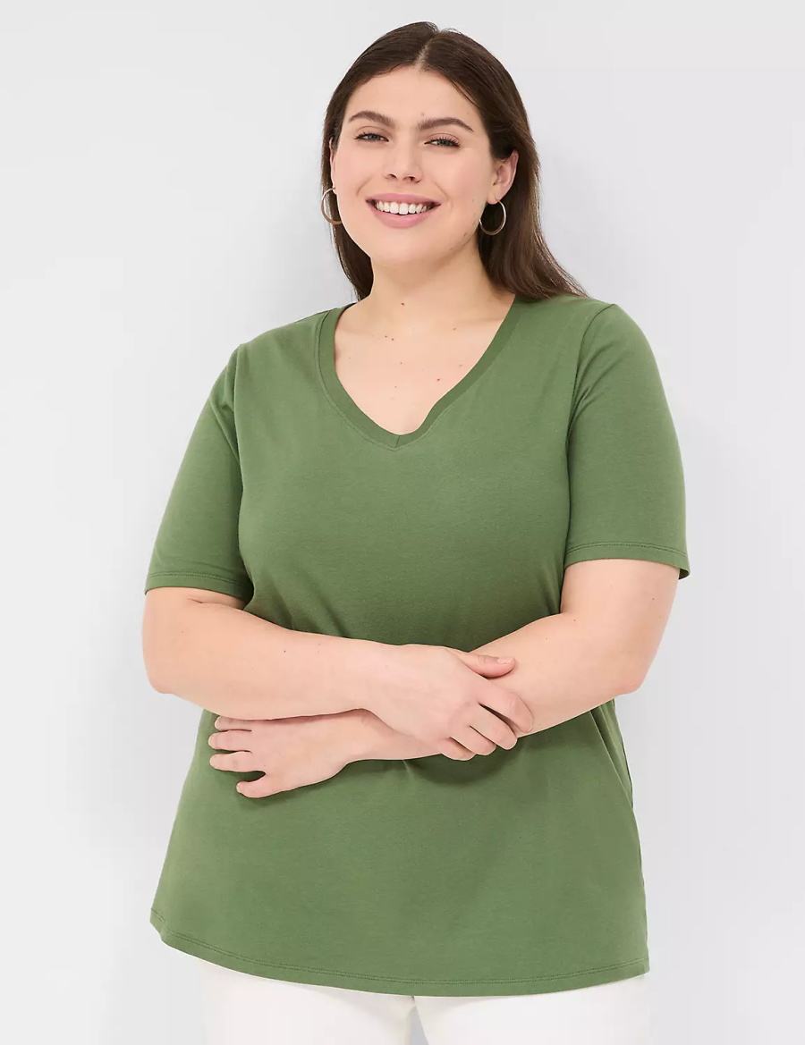 μπλουζακια γυναικεια Lane Bryant Perfect Sleeve V-Neck Tee καφε πρασινο | OTY4475NR