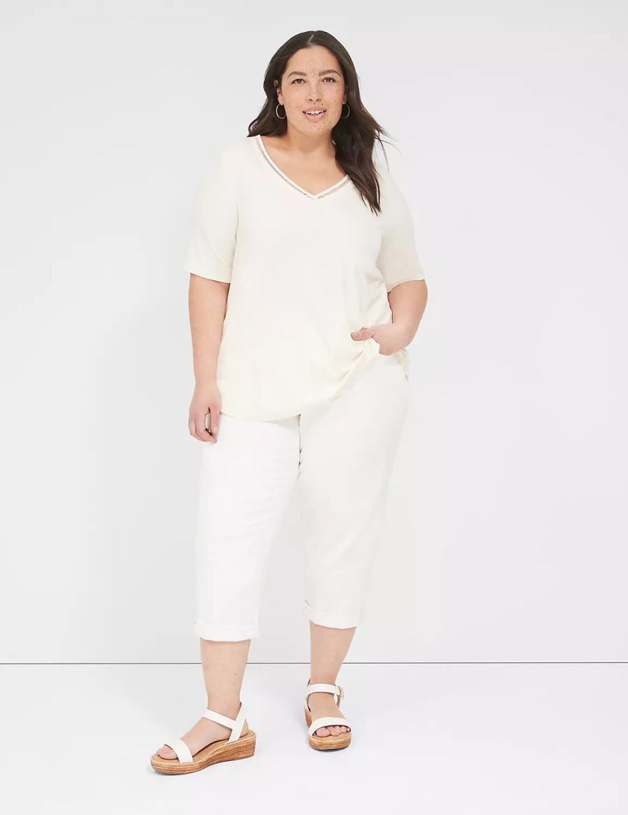 μπλουζακια γυναικεια Lane Bryant Perfect Sleeve V-Neck Trim-Detail Tee ασπρα | QQI3776XL