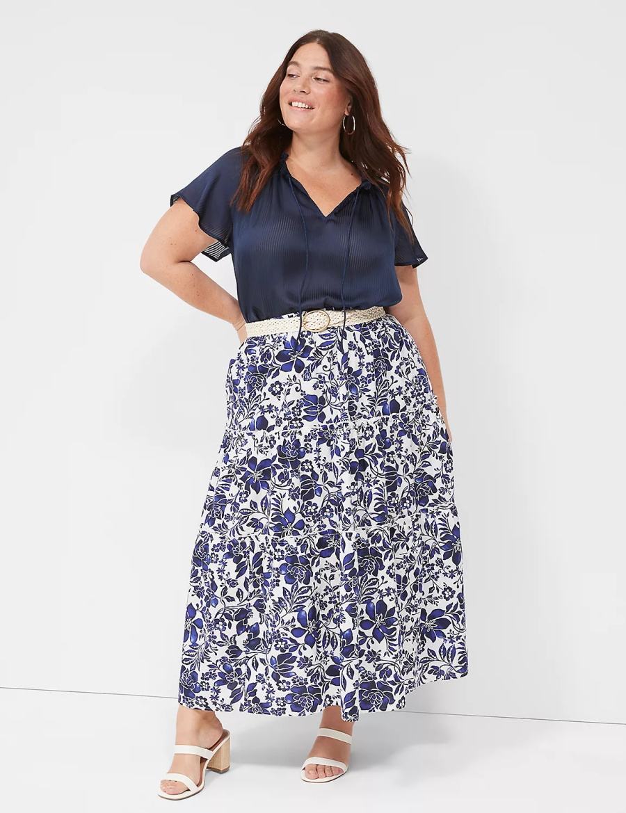 φουστεσ γυναικεια Lane Bryant Poplin Tiered Maxi σκουρο μπλε ασπρα | IJY7136YC