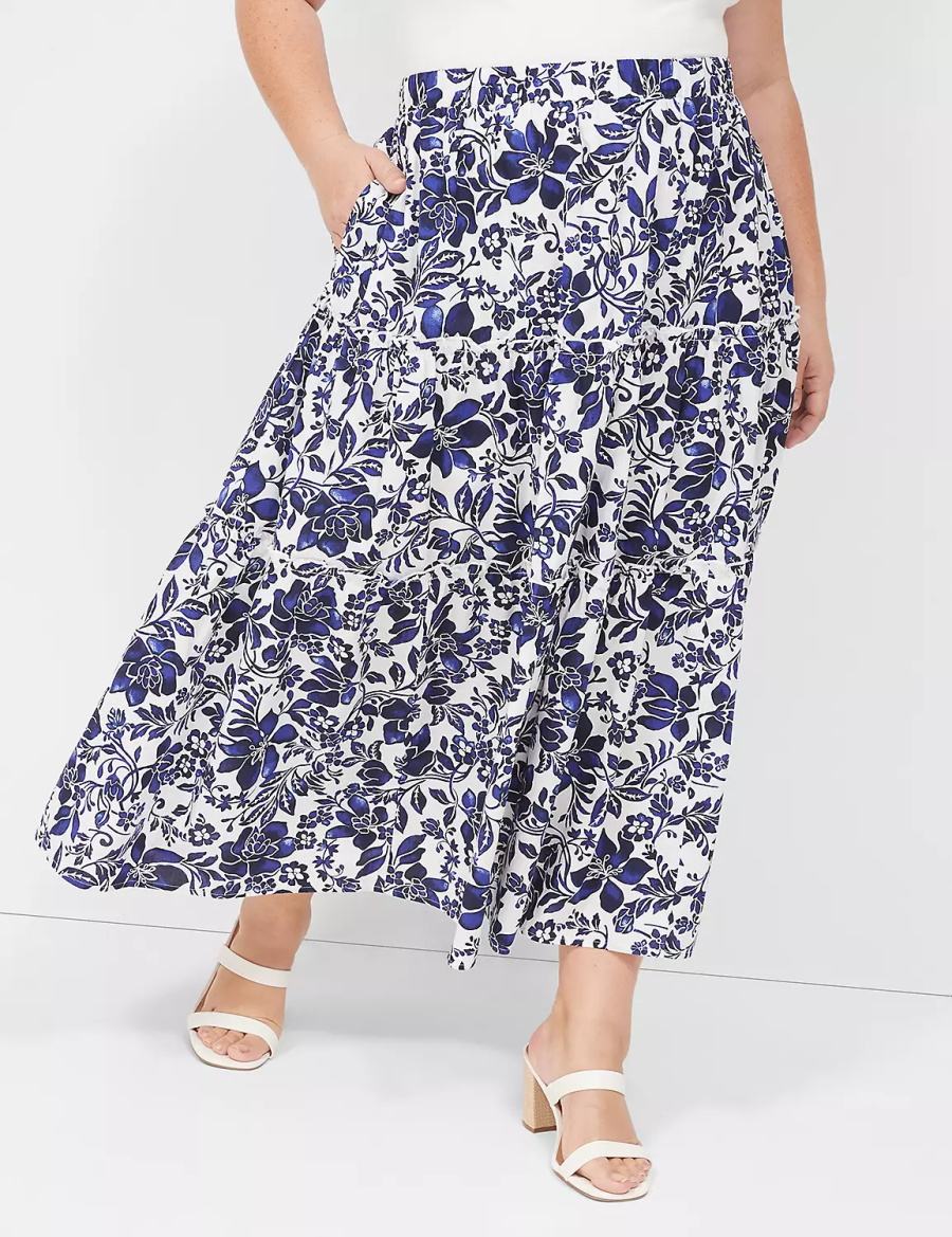 φουστεσ γυναικεια Lane Bryant Poplin Tiered Maxi σκουρο μπλε ασπρα | IJY7136YC