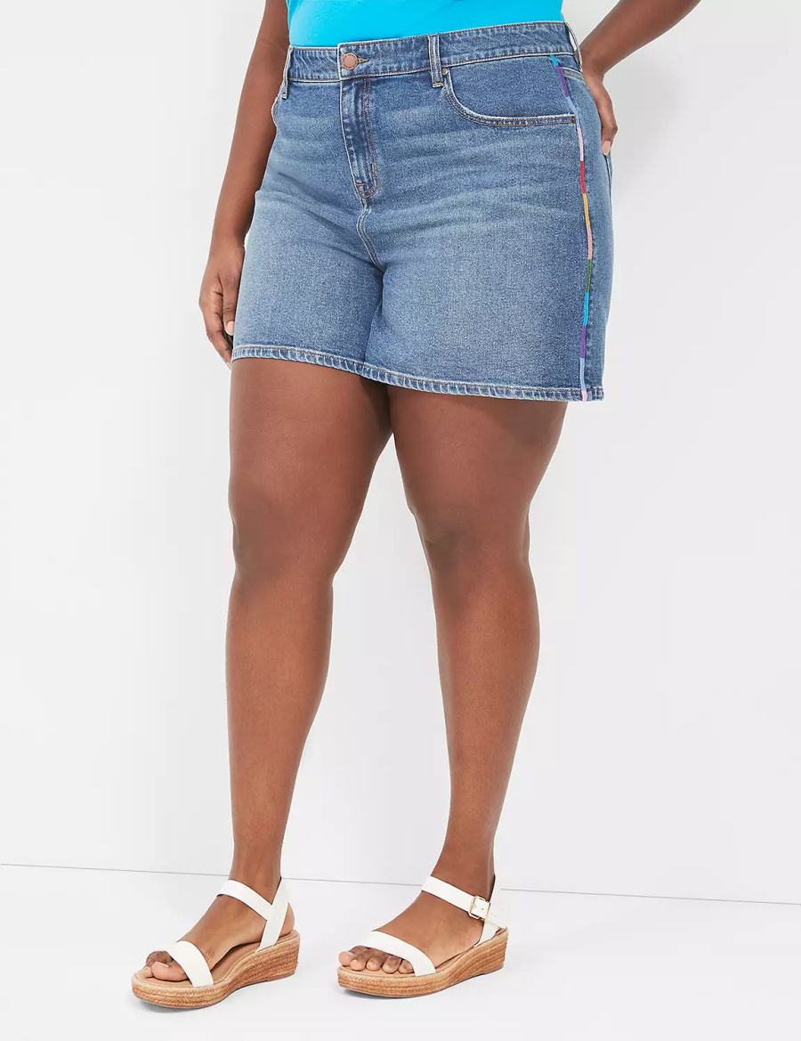 Σορτσ γυναικεια Lane Bryant Pride Boyfriend Fit Jean With Embroidery μπλε | OOB5615IW