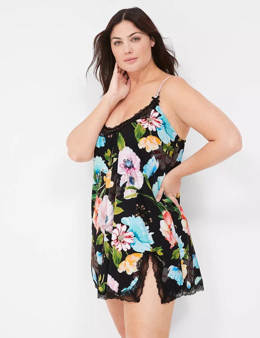 Φορεμα γυναικεια Lane Bryant Printed Lace-Trim Slip μαυρα | WLL7785SJ