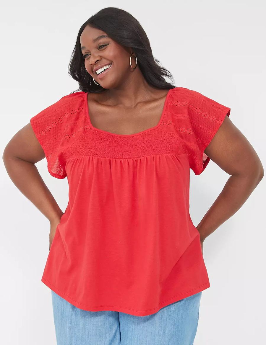 μπλουζακια γυναικεια Lane Bryant Relaxed Eyelet-Sleeve Smocked-Neck Top κοκκινα | VKH6525HB