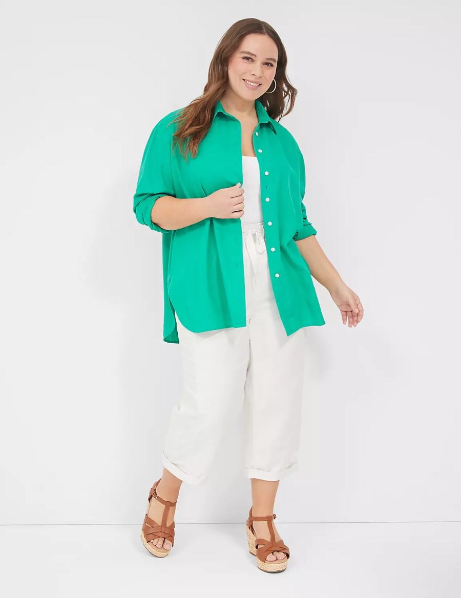 πουκαμισα γυναικεια Lane Bryant Relaxed Linen Button-Down τυρκουάζ | UPX2633PP