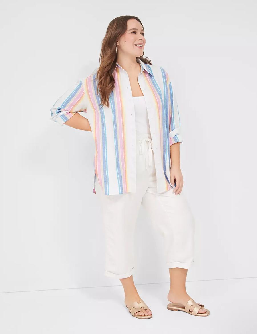 πουκαμισα γυναικεια Lane Bryant Relaxed Linen Button-Down ασπρα Πολύχρωμο | XUX8828QZ