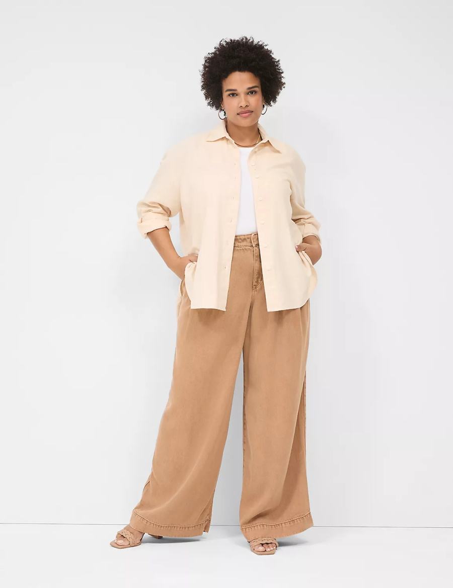 πουκαμισα γυναικεια Lane Bryant Relaxed Linen Button-Down γκρι καφε | EVP237OD