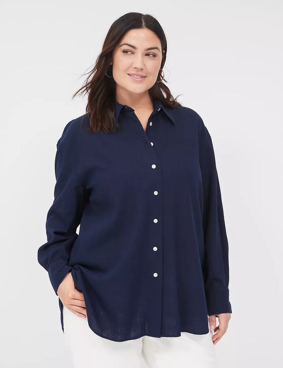 πουκαμισα γυναικεια Lane Bryant Relaxed Linen Button-Down μπλε | YRJ1472BP