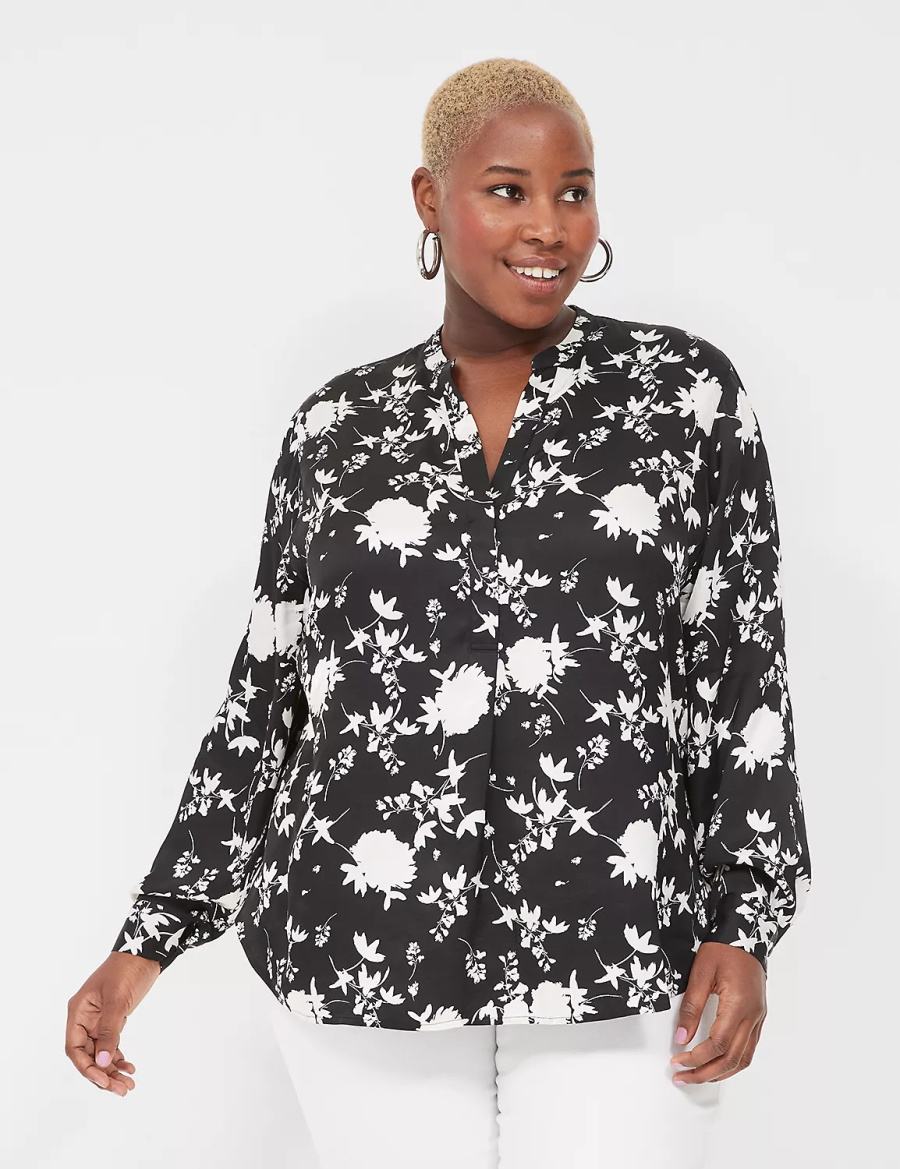 πουκαμισα γυναικεια Lane Bryant Relaxed Satin Split-Neck Popover μαυρα | CKK3144LU