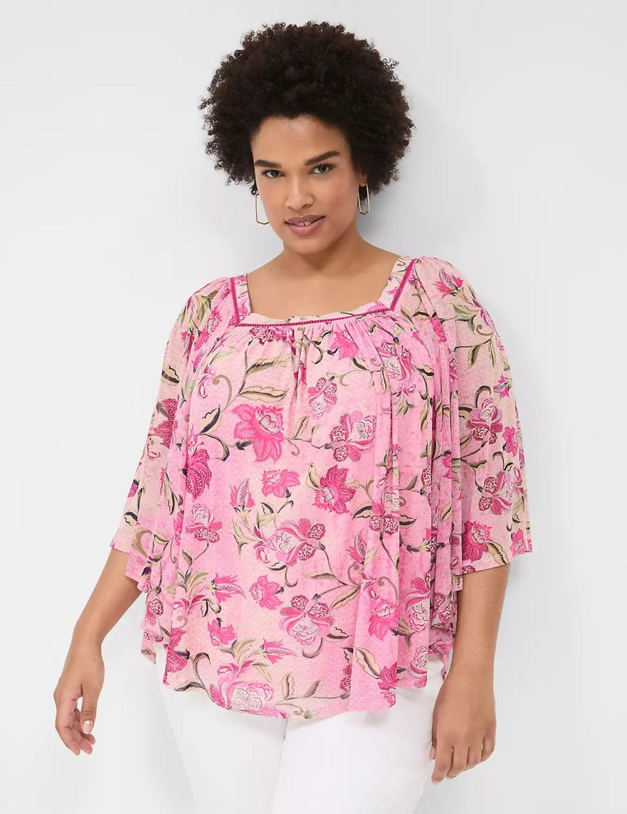 Μπλουζα γυναικεια Lane Bryant Relaxed Square-Neck Trimmed Circle Drama Top ροζ | QUN272UX