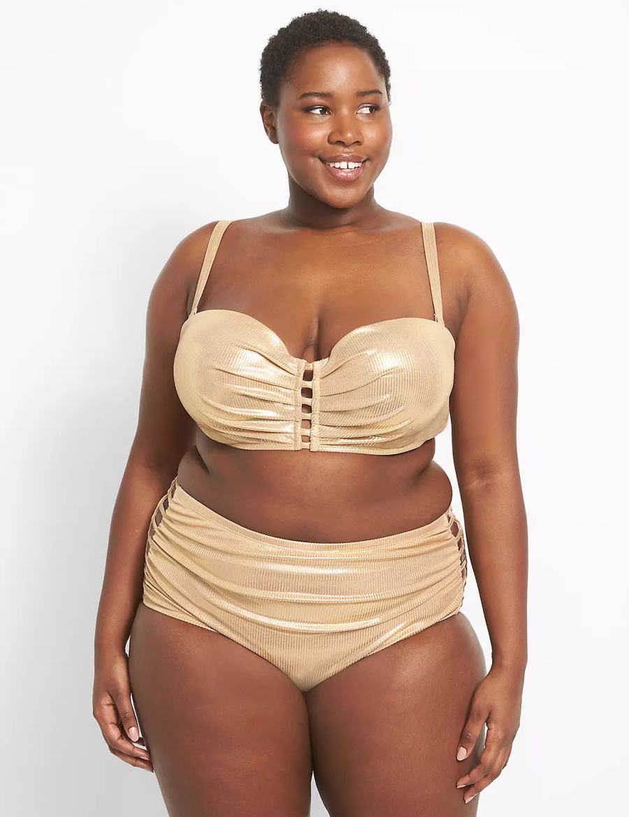 Κιλότα γυναικεια Lane Bryant Ribbed Ruched Strappy-Side Swim Μπεζ | XLJ1574QC