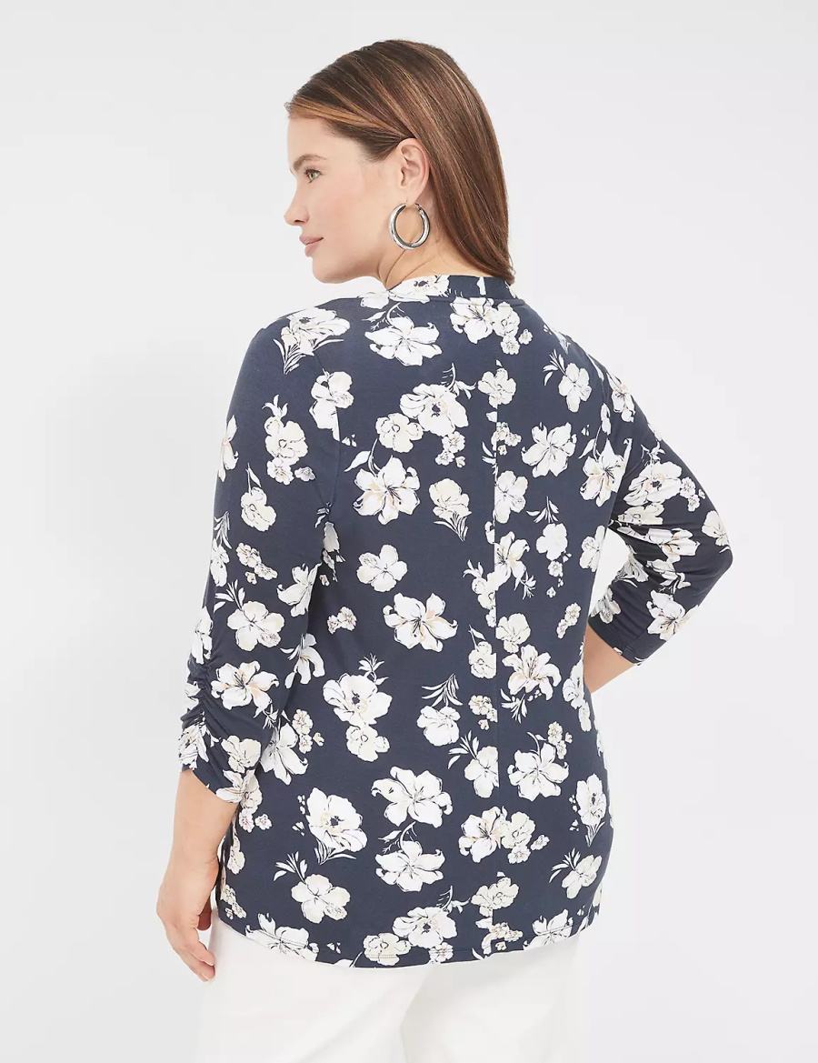 Μπουρνούζι γυναικεια Lane Bryant Ruched 3/4-Sleeve Open-Front Overpiece σκουρο μπλε | JIU5811YT