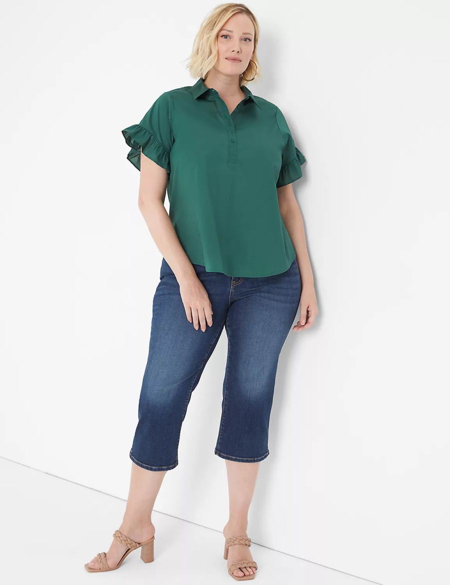 μπλουζακια γυναικεια Lane Bryant Ruffle-Sleeve Button-Down Top πρασινο | KZC1013VJ