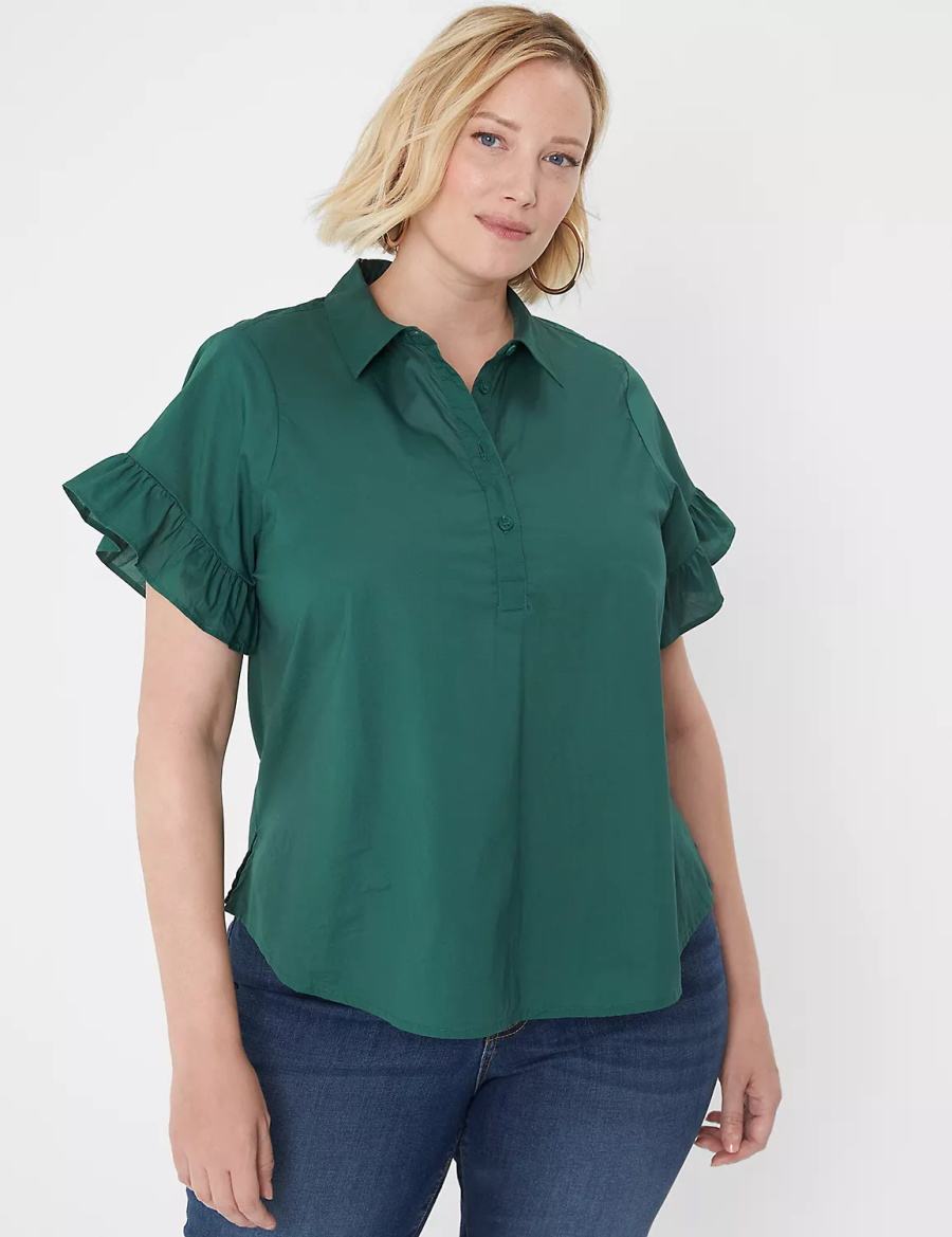 μπλουζακια γυναικεια Lane Bryant Ruffle-Sleeve Button-Down Top πρασινο | KZC1013VJ