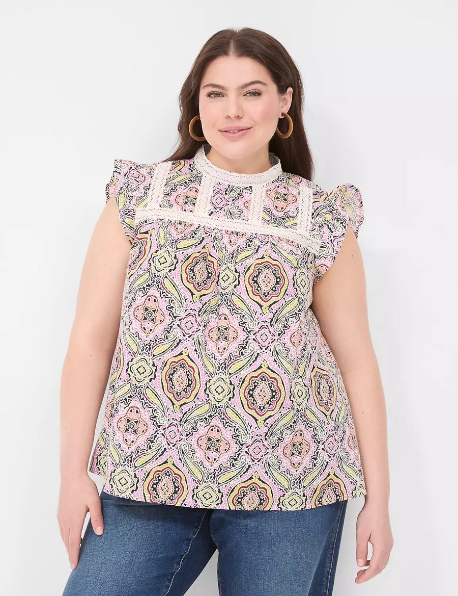 μπλουζακια γυναικεια Lane Bryant Ruffle Cap-Sleeve Lace-Trim Top Πολύχρωμο | CUW5786KI