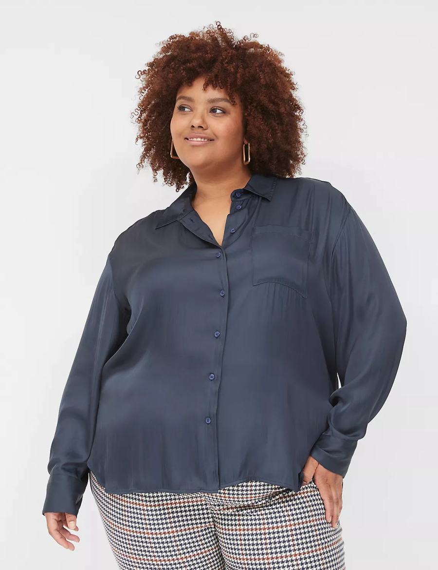 πουκαμισα γυναικεια Lane Bryant Satin Button-Down Boyfriend μπλε | PMW1715SU