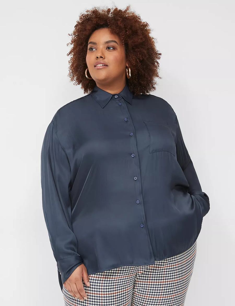 πουκαμισα γυναικεια Lane Bryant Satin Button-Down Boyfriend μπλε | PMW1715SU