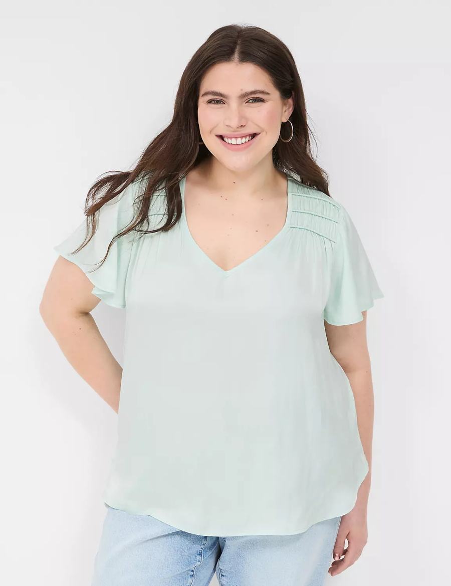 Μπλουζα γυναικεια Lane Bryant Satin Smocked-Shoulder ανοιχτο πρασινο | BFU7823UP