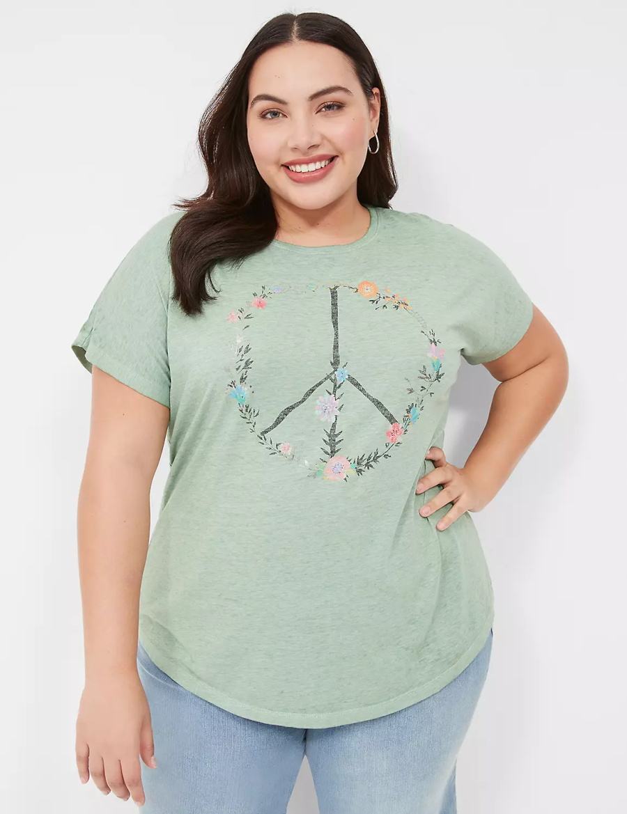 μπλουζακια γυναικεια Lane Bryant Scoop-Neck Peace Flowers Graphic Tee ανοιχτο πρασινο | QEX537II