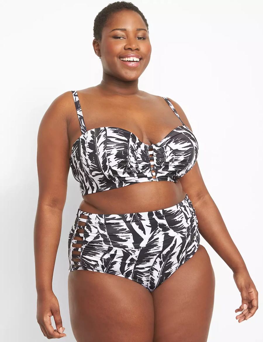 Κιλότα γυναικεια Lane Bryant Strappy Ruched-Side Swim ασπρα μαυρα | SNJ626WM