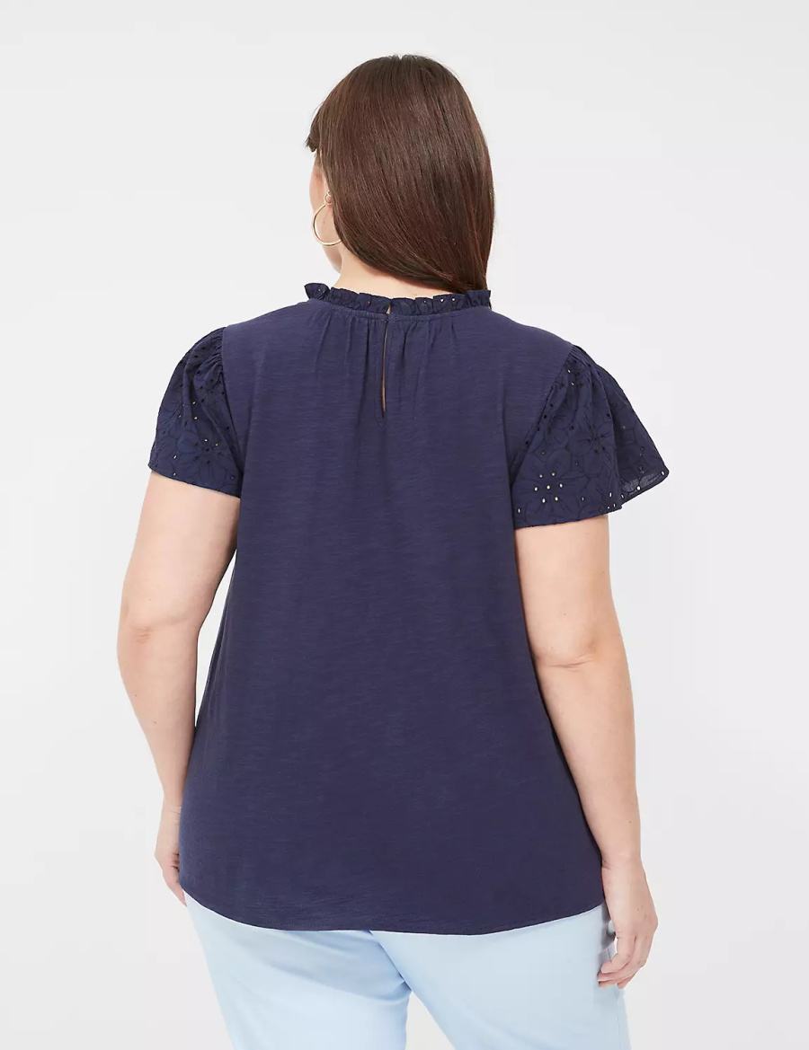 μπλουζακια γυναικεια Lane Bryant Subtle Swing Cap Ruffle-Sleeve Eyelet & Knit Top μπλε | WEF880XF