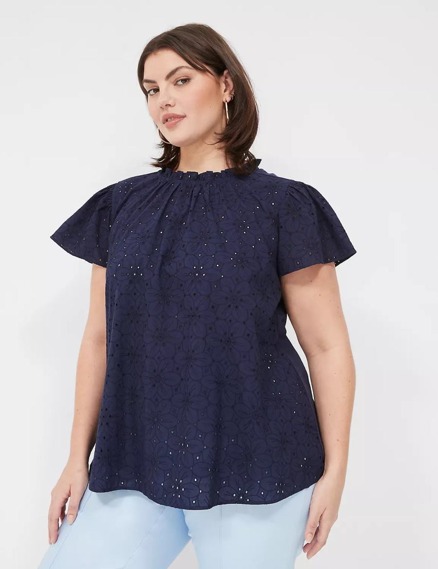 μπλουζακια γυναικεια Lane Bryant Subtle Swing Cap Ruffle-Sleeve Eyelet & Knit Top μπλε | WEF880XF